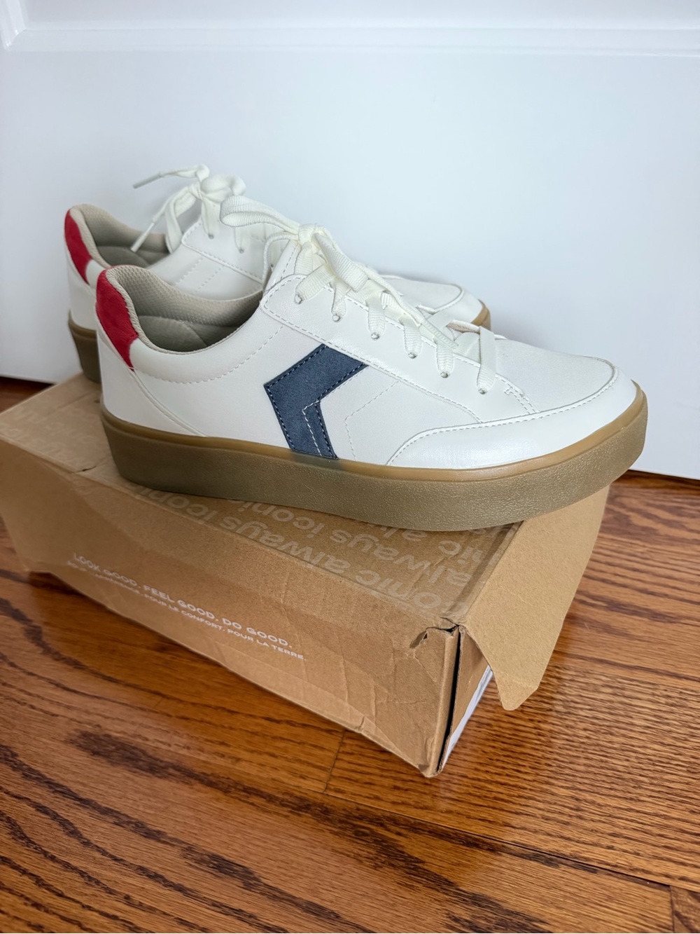 Dr. Scholl's White Platform Sneakers with Navy Chevron and Red Heel